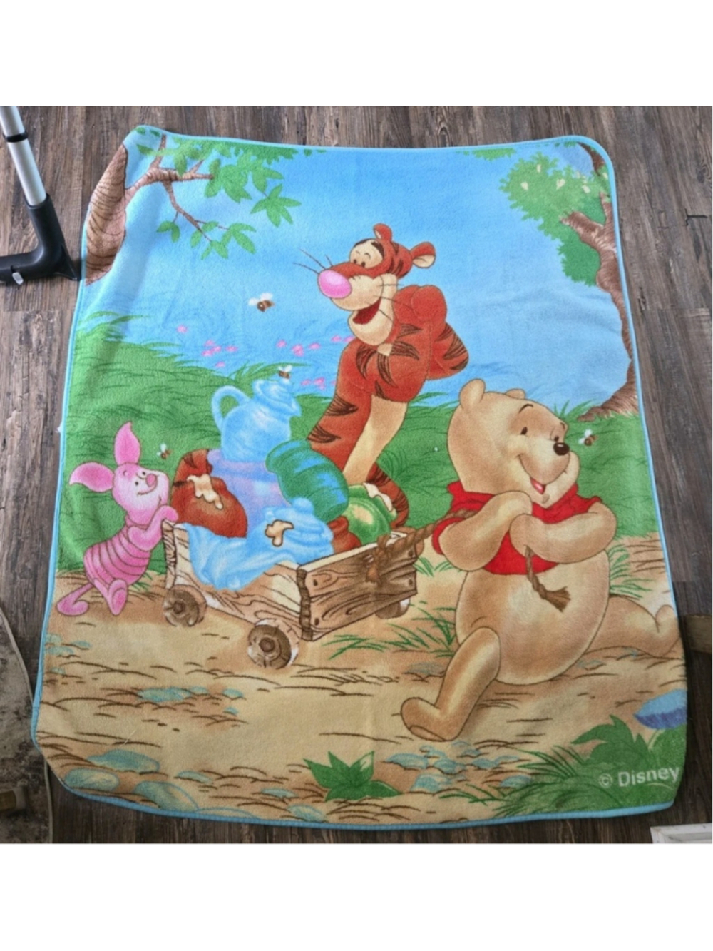 VTG Disney Winnie The Pooh Fleece Throw Blanket Tigger Piglet Honey Wagon 57x47